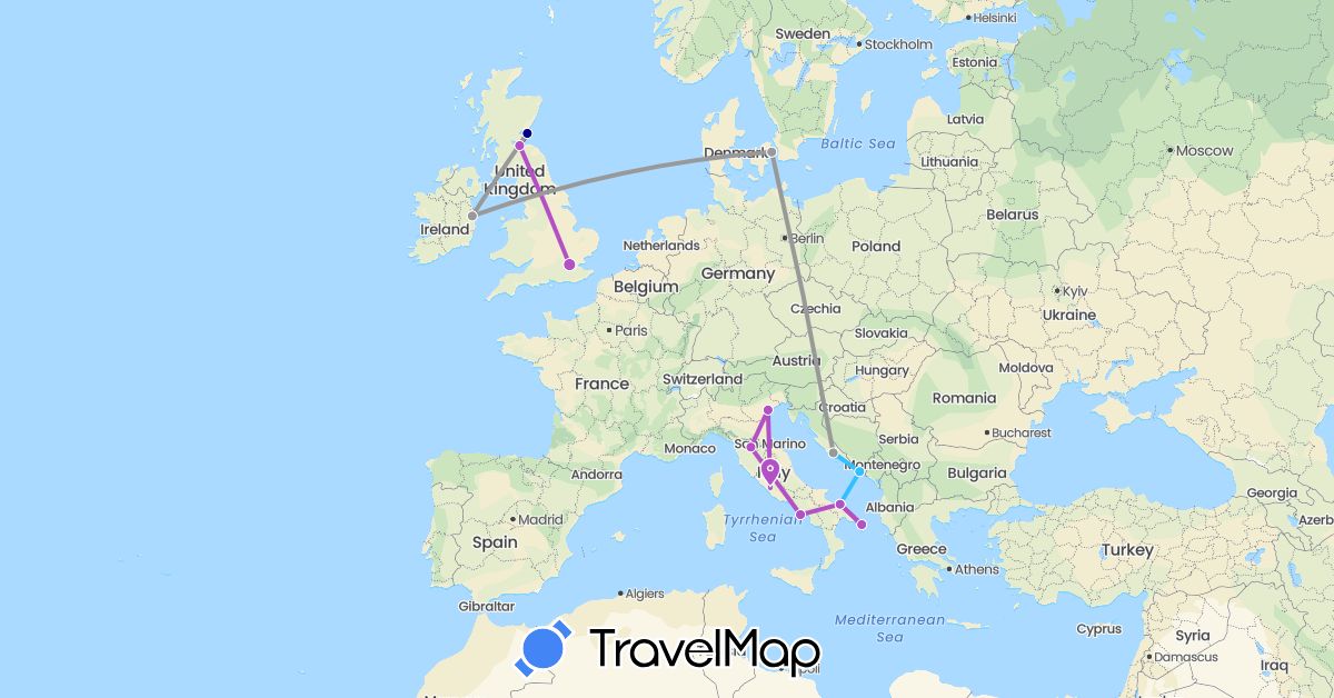 TravelMap itinerary: driving, plane, train, boat in Denmark, United Kingdom, Croatia, Ireland, Italy (Europe)