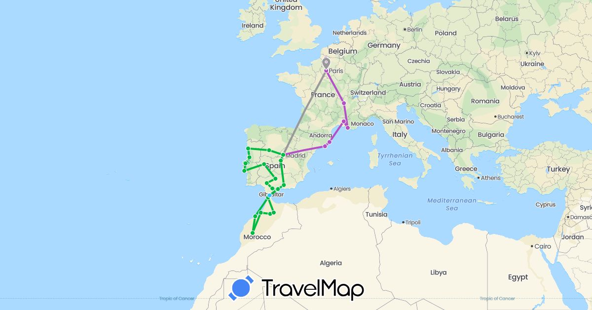 TravelMap itinerary: driving, bus, plane, train, boat in Spain, France, Morocco, Portugal (Africa, Europe)